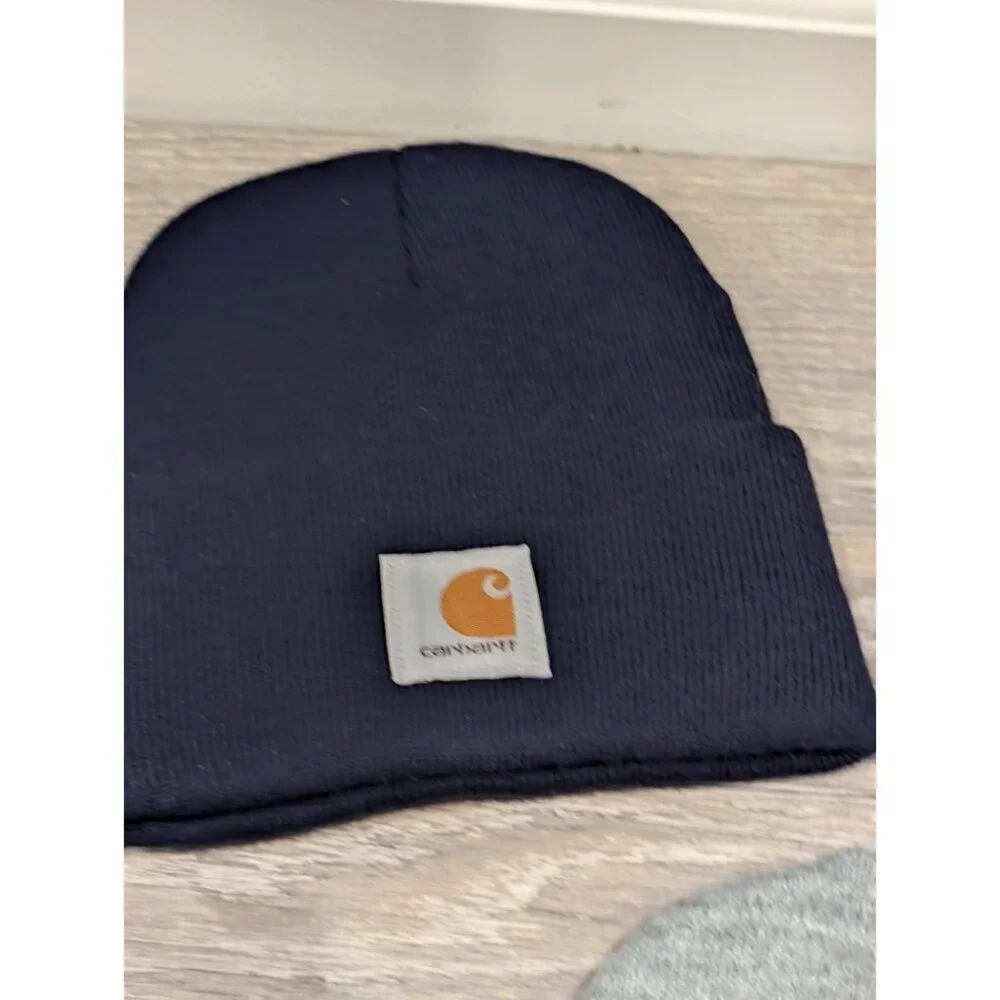 LOT OF 3 Carhartt Grey & Navy Blue Knit Cuffed Beanie Caps One Size Knit